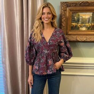 NWOT Kika Vargas for Target Purple Floral Wrap Balloon Sleeve Top Blouse Size XS